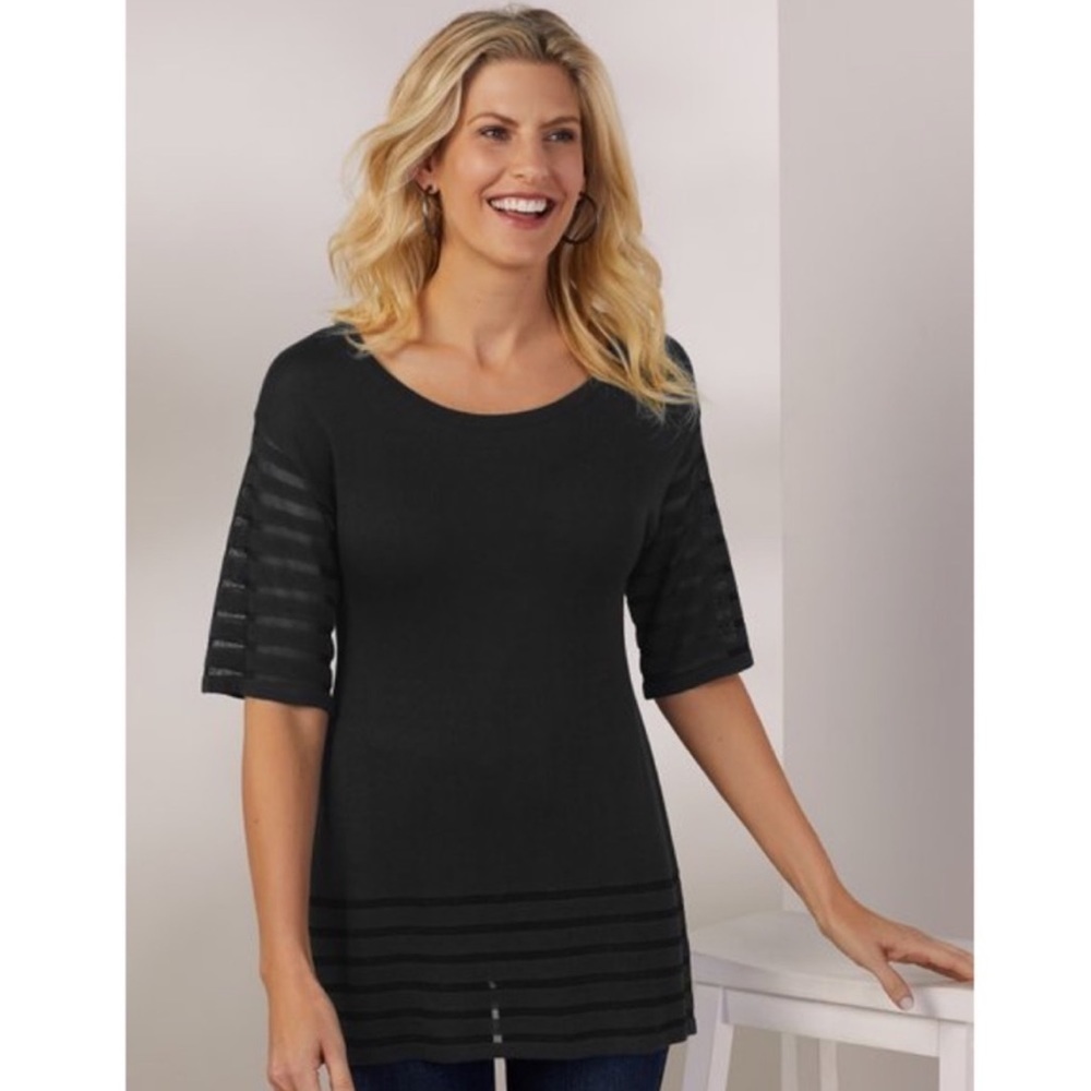 Soft Surroundings Women’s Size M black Tunic Sweater Top Sheer Stripe Detail